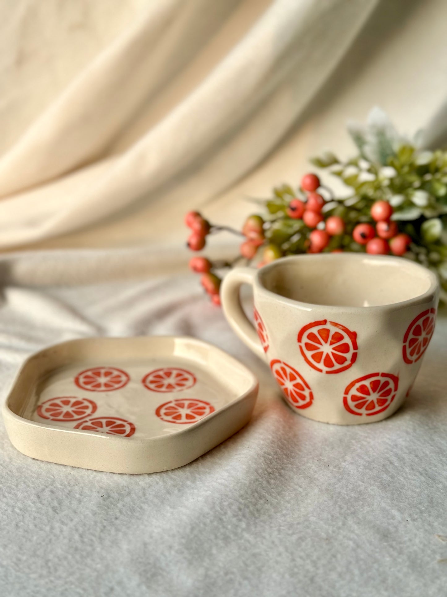 Handpainted Orange Mug and Desert Plate (set)