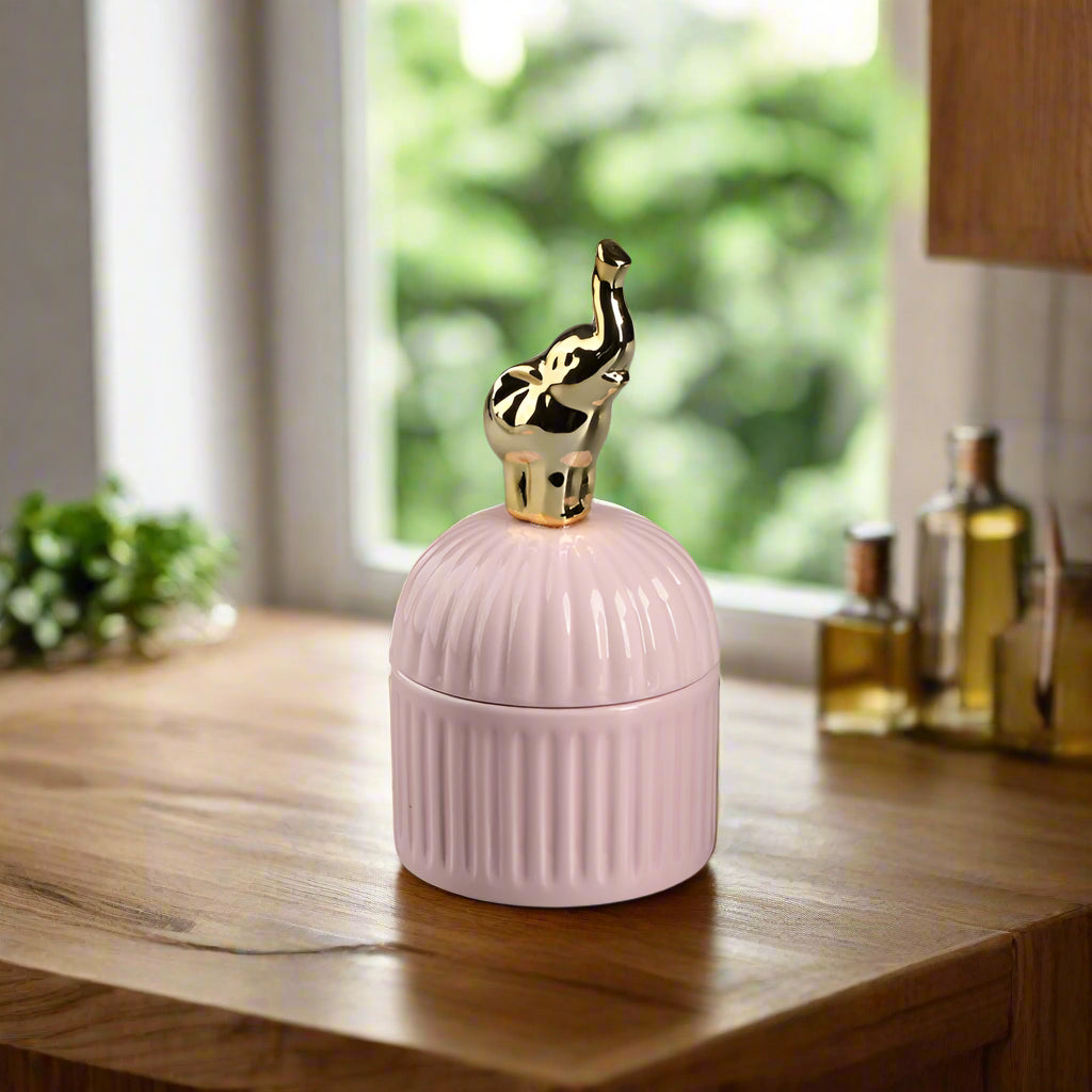 Golden Elephant Ceramic Jar with Golden Elephant lid top - Pastel Pink