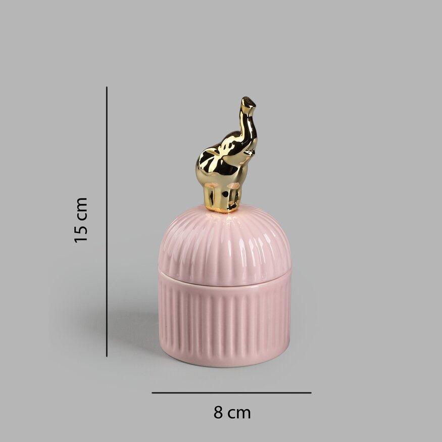 Golden Elephant Ceramic Jar with Golden Elephant lid top - Pastel Pink