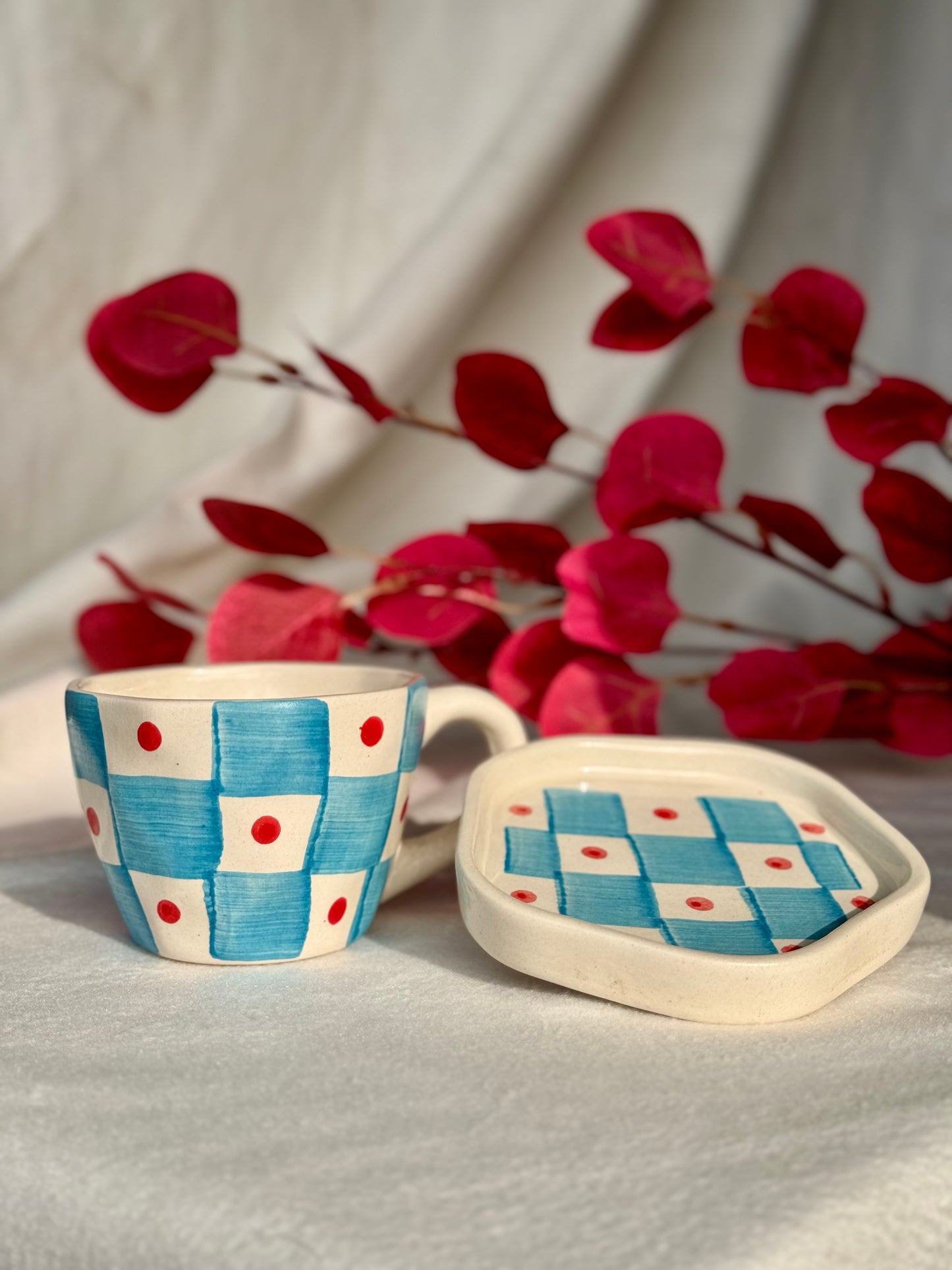 Checkered Blue and Red Dotted Mug and Desert Plate 🌀