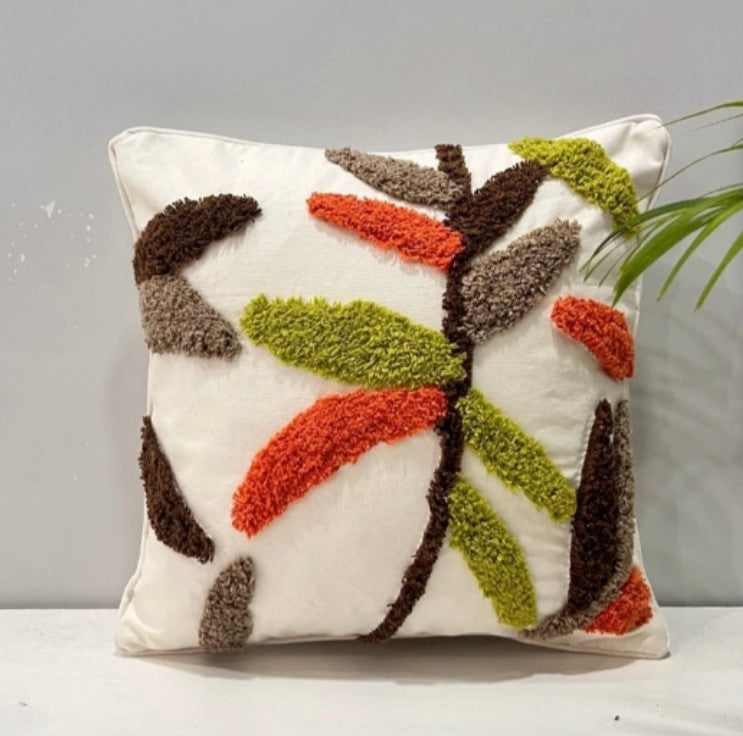 Leaves Orange & Green Tufted Cushion Cover