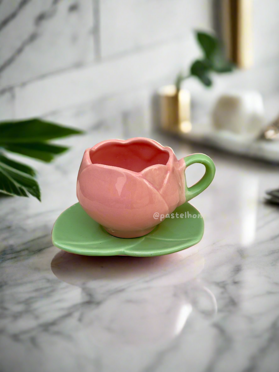 Pink Tulip shape Mug and Saucer (Set) ❤️